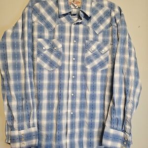 Wrangler Western Shirt Large Blue Plaid Pearl Snap Metallic Lurex Cowboy Rodeo